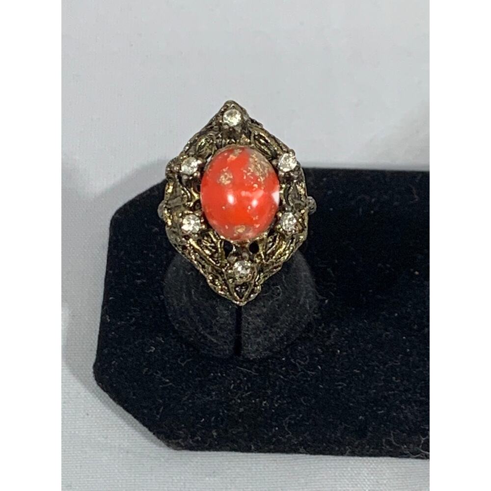 Vintage Gold‎ Ring Orangish Red Center Cabochon Clear Rhinestones Ornate Design